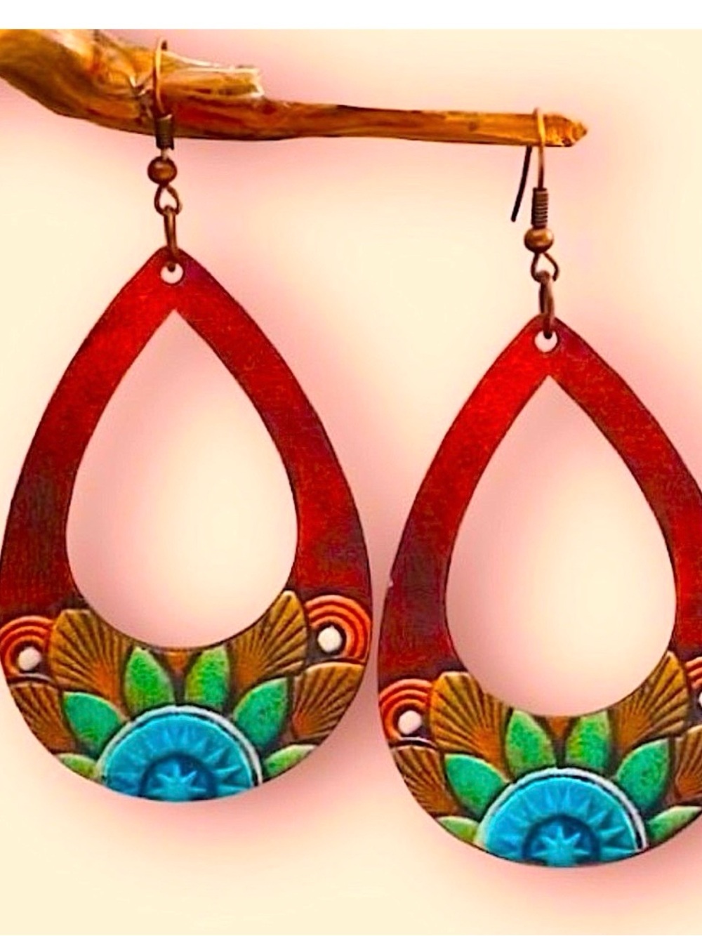 New hollow floral teardrop wooden earrings